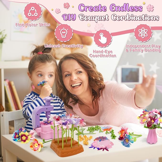 Fabric Flower Bouquet Toys for Kids – Mess-Free & Creative DIY Arts and Crafts for Child Ages 3 4 5 6 7 8 9+, No Glue Needed, Fun Early Educational STEM Gift for Birthdays, Christmas, Holidays