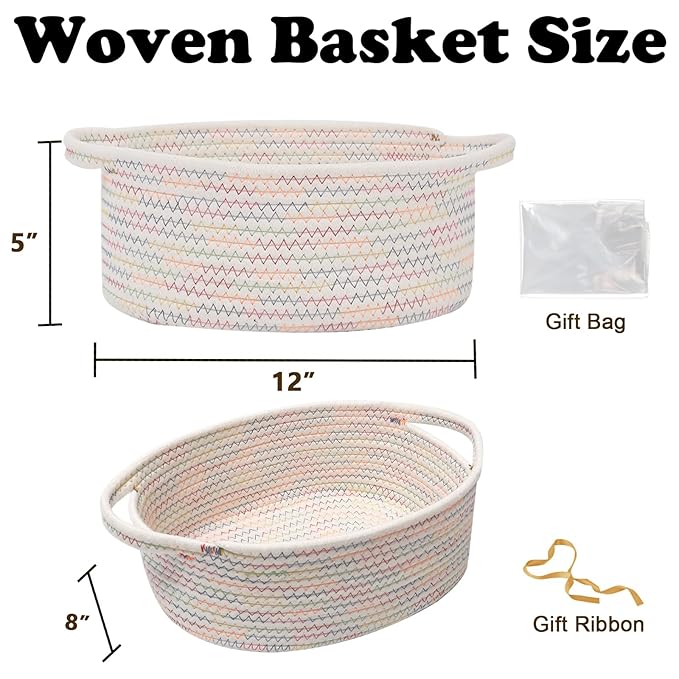 Gift Basket with Gift Bag and Ribbons,Small Rope Woven Shelf Storage,Baskets for Gifts Empty,Birthday,Shower,Decorative Organizer Box for Cat Dog Pet with Handles(Colorful Thread)