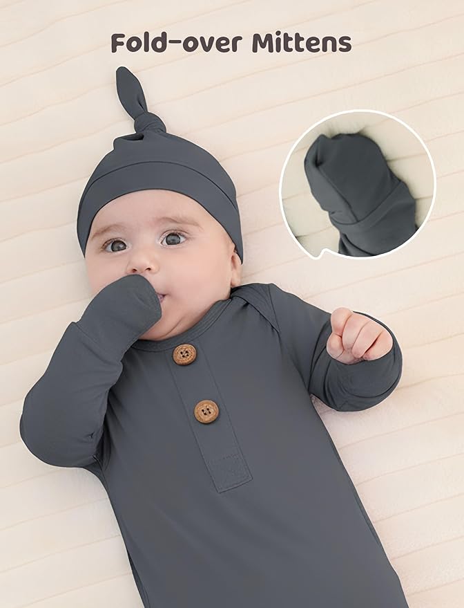 PATPAT Baby Sleeper Gown with Bamboo Viscose for Newborn Girls Boys, Knotted Nightgown with Mittens for Infant Home Coming