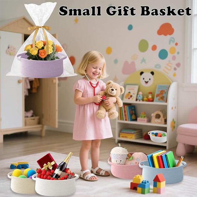 Gift Basket with Gift Bag and Ribbons,Small Rope Woven Shelf Storage,Baskets for Gifts Empty,Birthday,Shower,Decorative Organizer Box for Cat Dog Pet with Handles(Purple)