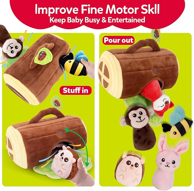 Baby Toys 6-12 Months - Soft Stumps with Jungle Animals Friends,Rattle,Crinkle Paper,Squeaker,Mirror - Sensory Montessori Toys for 6 Month Old Babies,1-3 Year Old Boy Girl Gifts
