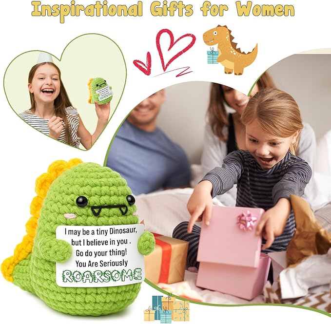 Mini Inspirational Gifts for Teens Back To Shcool Gifts for Students Boys Girls Kids Handmade Positive Crochet Dino for Women Men Coworker Friends Motivational Birthday Christmas Stocking Stuffers