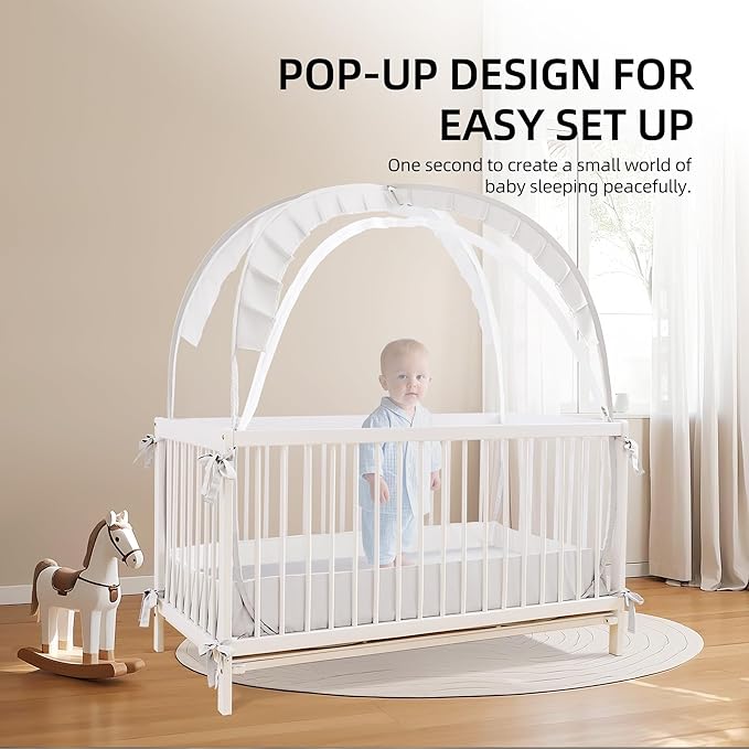 Lazyzzzz Baby Crib Tent - Pop Up Crib Canopy with Double Zipper Self-Locked,1200 Holes/Inch Mesh Crib Net to Keep Baby from Climbing Out, Portable Easy Install 55" L x 27" W x 51" H White