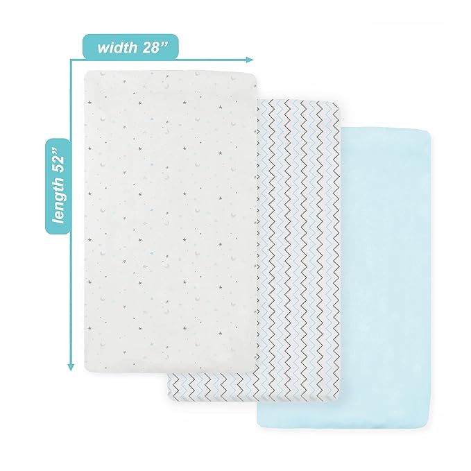 American Baby Company 3 Pack 100% Natural Cotton Fitted Crib Sheets 52" x 28" - Soft, Breathable, Hypoallergenic & Gentle Toddler Bed Sheets, Blue Star/Zigzag, Neutral for Boys & Girls