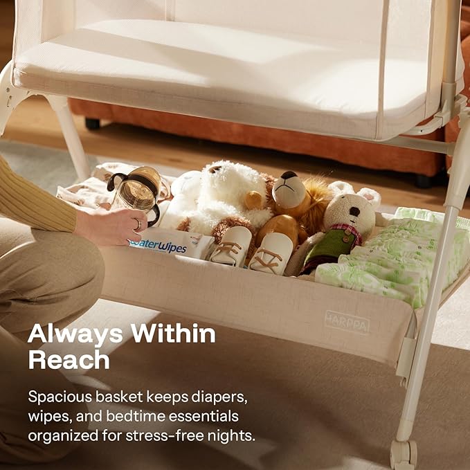 HARPPA Cuddly Rocking Bedside Bassinet for Baby, 3 in 1 Baby Bassinet with Wheels, Breathable Mesh, Adjustable Height Bedside Sleeper for Newborns, Beige