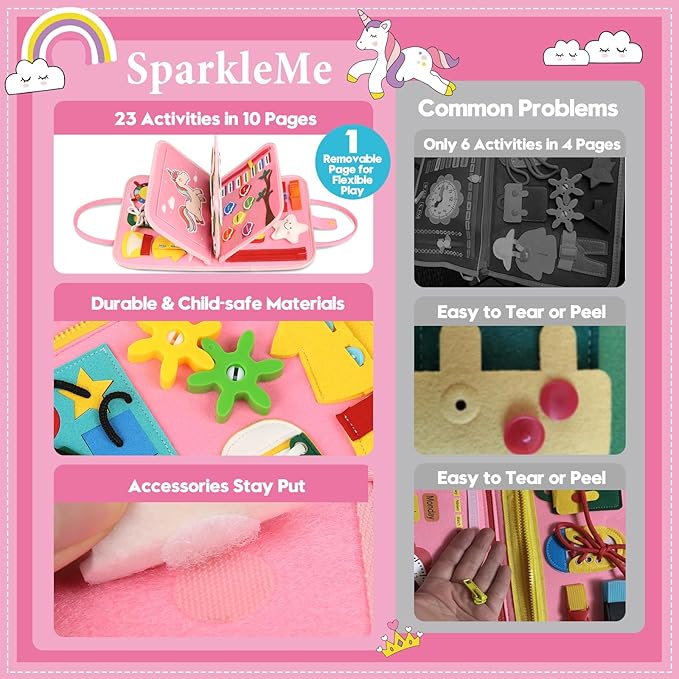 Toddler Sensory Busy Board: Travel Toy Activity Book for Girls Boys, Motor Skill Development Gift for Baby Aged 3-4 Years, Fine Educational Preschool Montessori Learning Toy for Car Airplane Unicorn