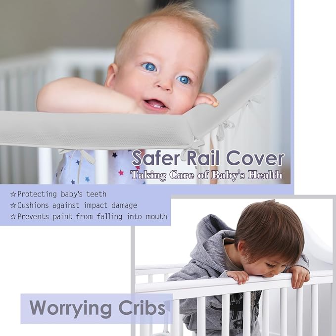 Crib Rail Covers Upgradted Sets,Rail Guard for TeethingSoft Anti-Collision Strip Corner Cover, Suits for Most Standard Bed (Grey)
