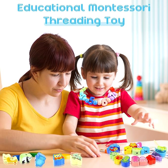 Shappy 93 Pcs Montessori Wooden Educational Threading Toys Farm Animals Fruits Wooden Lacing Beads Toys Preschool Stringing Beads for Toddler 3 4 5 Year Old Kids Boys Girls Gifts