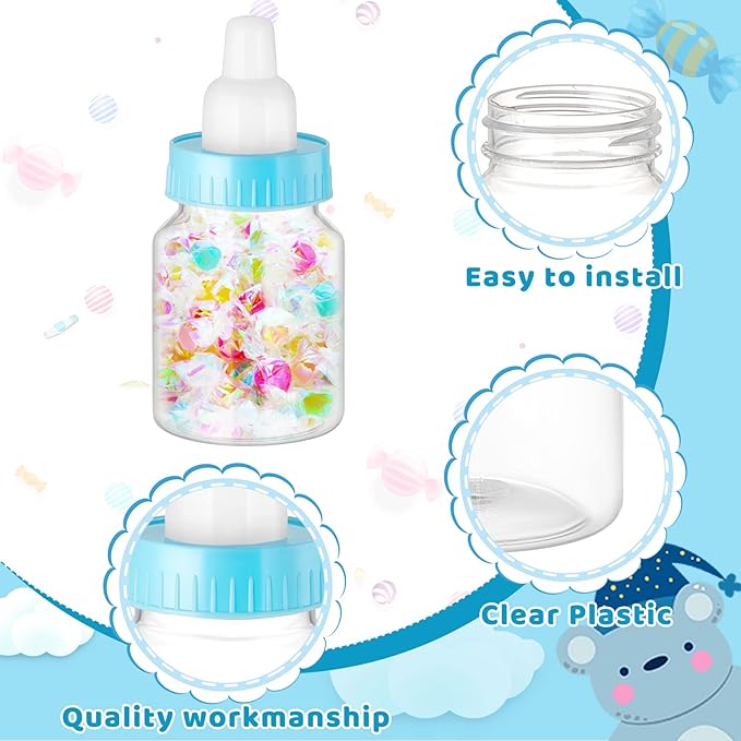 36 Pcs 3.5 Inch Baby Bottle Shower Favor Mini Plastic Candy Bottle Clear Bottles for Baby Shower Mini Feeding Candy Box for Party Favor Gift Decor(Blue)