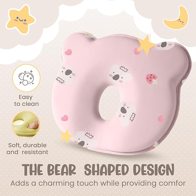 Soft and Breathable Baby Pillow with Memory Foam and Bear Design (Pink Koala)