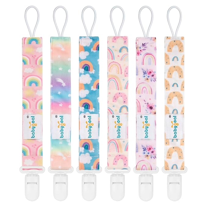 Babygoal Rainbow Pacifier Clips, 6 Pack Binky Paci Holder and Leash for Boys and Girls Fits for Most Pacifier, Binkie Styles & Baby Teethers & Toys and Gift 6PS26