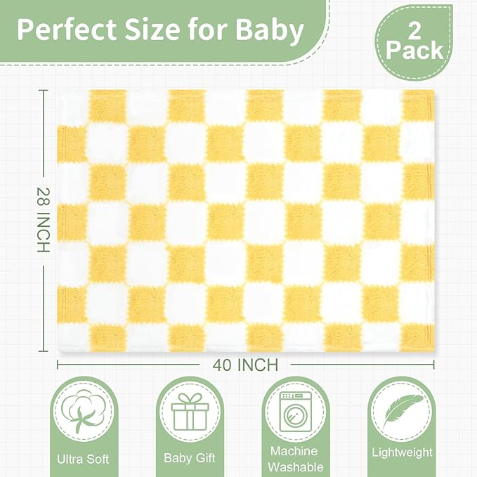 Checkered Baby Blanket for Boys Girls, 2 Pack Soft Baby Boy Girl Blankets, Small 28 x 40 inches Toddler Fleece Blanket, Essentials Crib Stroller Items, Newborn Gift (Yellow)
