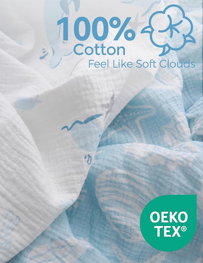 Momcozy Muslin Fitted Mini Crib Sheets, 38''x26'', 2 Pack Soft Breathable Natural Cotton Baby Mattress Sheet, 360° Mattress Wrapping No Slip Boys Girls Neutral Toddler Bed Sheet, Ocean Sound