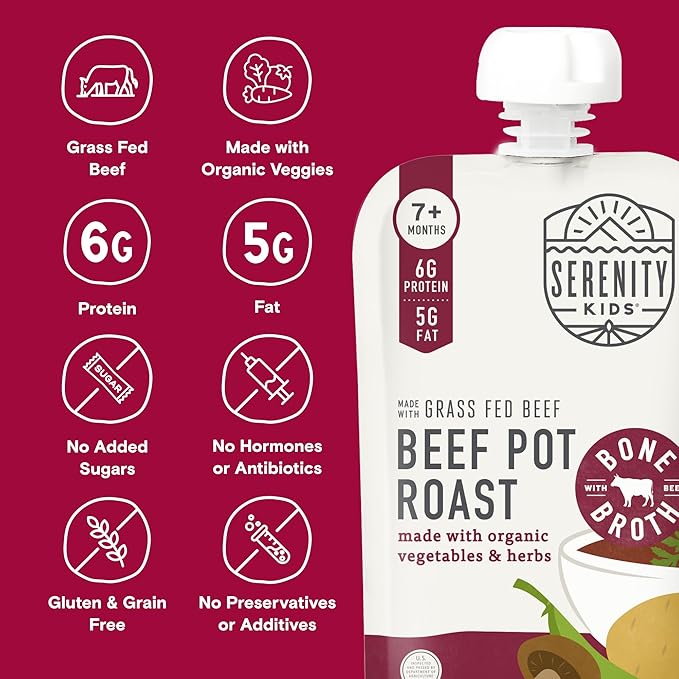 Serenity Kids Bone Broth Puree Made With Organic Veggies | Clean Label Project Purity Award Certified | 3.5 Ounce BPA-Free Pouch | Grass Fed Beef Pot Roast | 1 Count