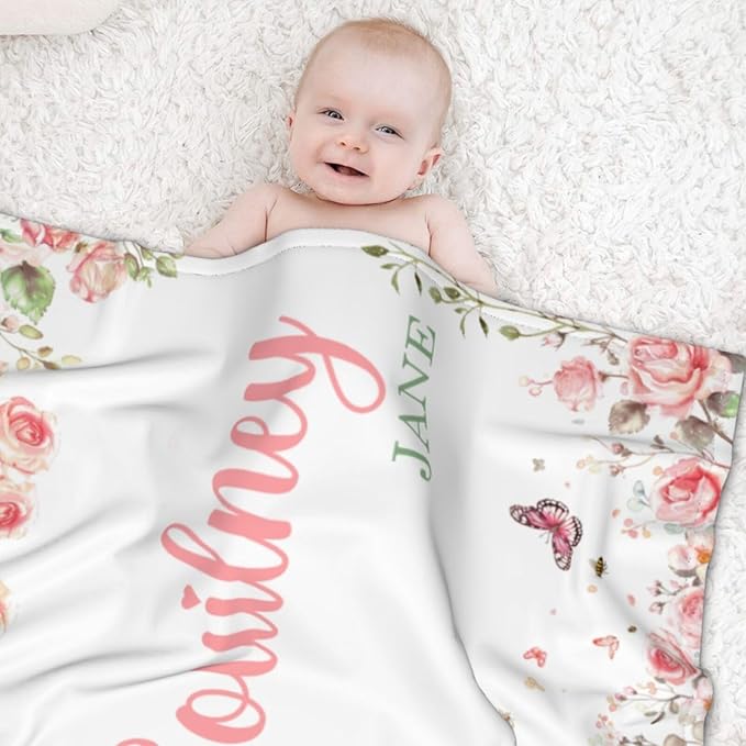 Ship Next Day, Personalized Baby Blanket for Girls- Printed in USA, Custom Baby Blankets with Name Floral Rose Blanket for Infant Newborn Shower(Rose)