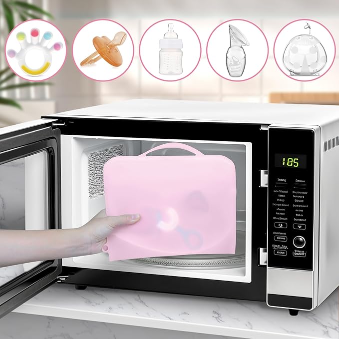 Silicone Microwave Steam Sterilizer Bag for Baby Bottles, Reusable Sterilizing Bag for Pump Parts and Toddler Accessories, Easy to Use Sterilizer Bags Perfect for Home and Travel, Pink (2PC)