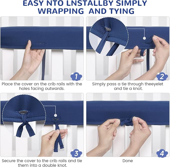 Navy Blue 3pcs New Teething Edge Crib Rail Cover&Corner Guard Coverage Straps,Reversible Guardrail Cover Protector for Boys Girls(1 Long 2 Short)