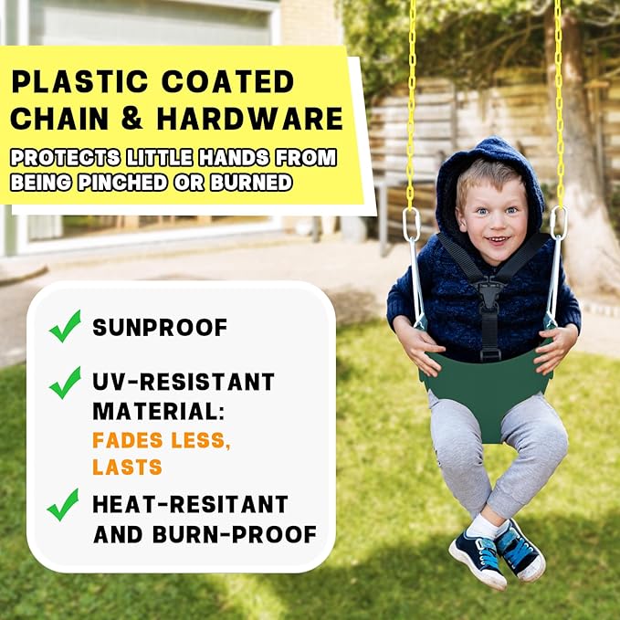 High Back Full Bucket Toddler Swing Seat with 3- Point Adjustable Safety Harness, 66 inch Detachable Chain,Suitable for Babies Aged 6-24 Months,Baby Swing for Swingset (Green)