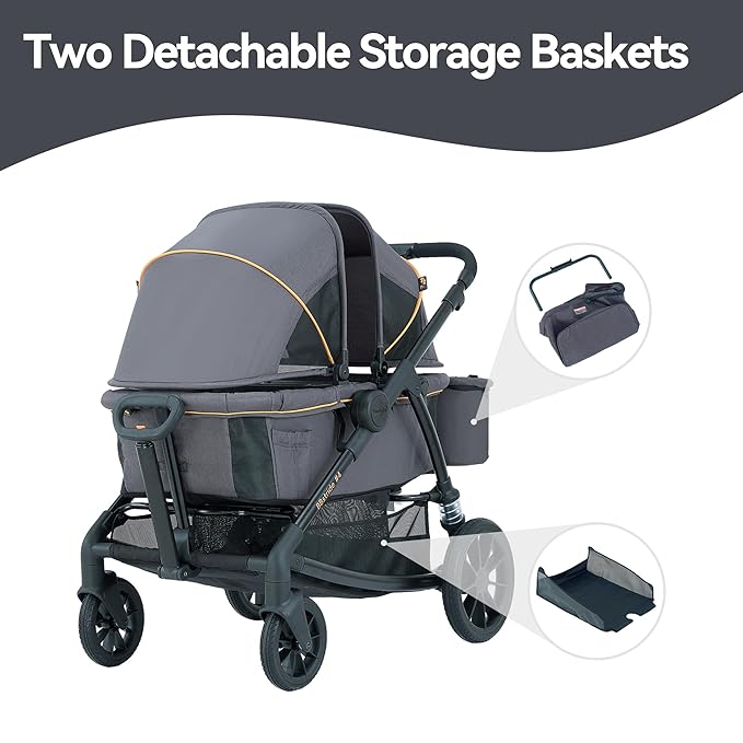 Pamo Babe Double Stroller Tandem Stroller for 2 Kids Push Pull Kids Wagon Adjustable Handle Waterproof and Sunproof Canopies Large Removable Storage Baskets