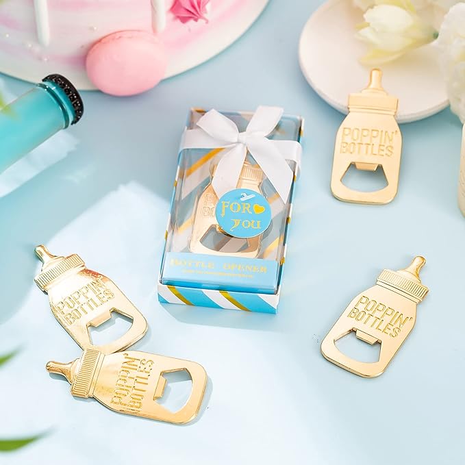 24 Baby Bottle Opener Baby Shower Favorites, Gifts, Decorations, or Souvenir Guest Gift Boxes, Poppin Designed for Boys (24 Pack Blue)