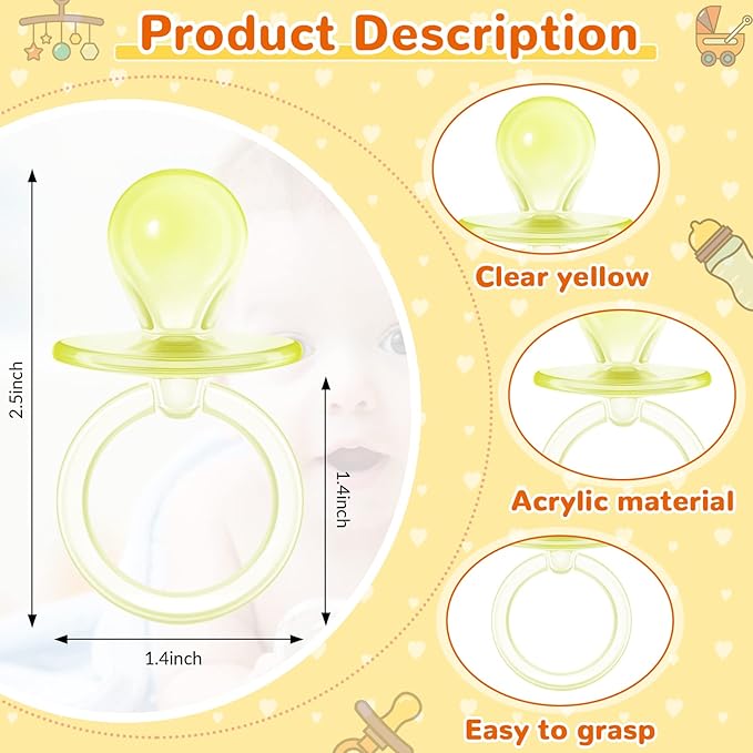 Jetec 48 Pieces 2.5 Inch Acrylic Baby Pacifiers Gender Reveal Party Decorations for DIY Baby Shower Birthday Party Favors(Yellow)