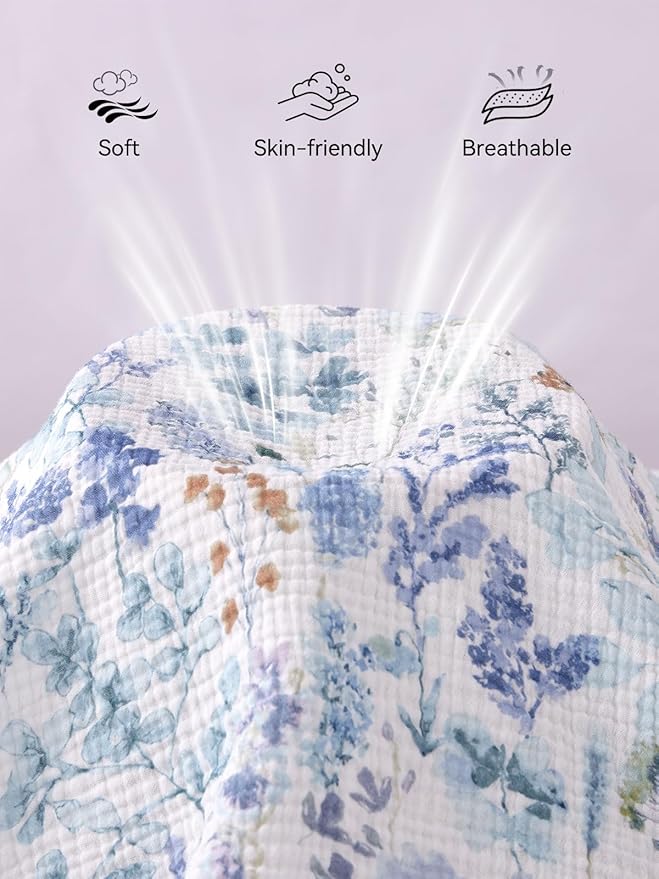 TILLYOU Muslin Mini Crib Sheets 2 Pack, Pack and Play Mattress Sheets Fitted for Pack N Play, 38'' x 26'' Sheet for Toddler, Blue Flower