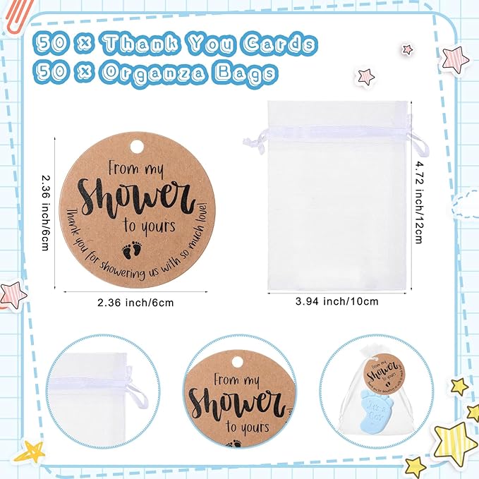 50 Sets Baby Shower Soap Favors for Guests Boy Girl Mini Handmade Scented Soaps with Thank You Tags and Organza Bags for Shower Gender Reveal Party Favors(It's A Boy,Blue Baby Feet)