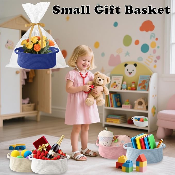 Gift Basket with Gift Bag and Ribbons,Small Rope Woven Shelf Storage,Baskets for Gifts Empty,Birthday,Shower,Decorative Organizer Box for Cat Dog Pet with Handles(Royal Blue)