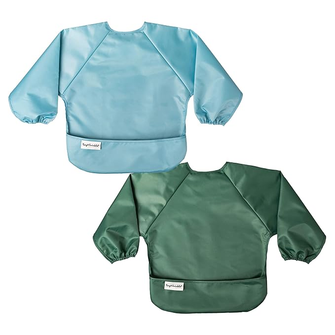 Tiny Twinkle Mess Proof Baby Bibs, 2pk Waterproof Smock Baby Bibs for Eating, Machine Washable Long Sleeve Bibs, Baby Led Weaning, Toddler Bibs, BLW Supplies(Slate Olive, Large 2-4 Years)