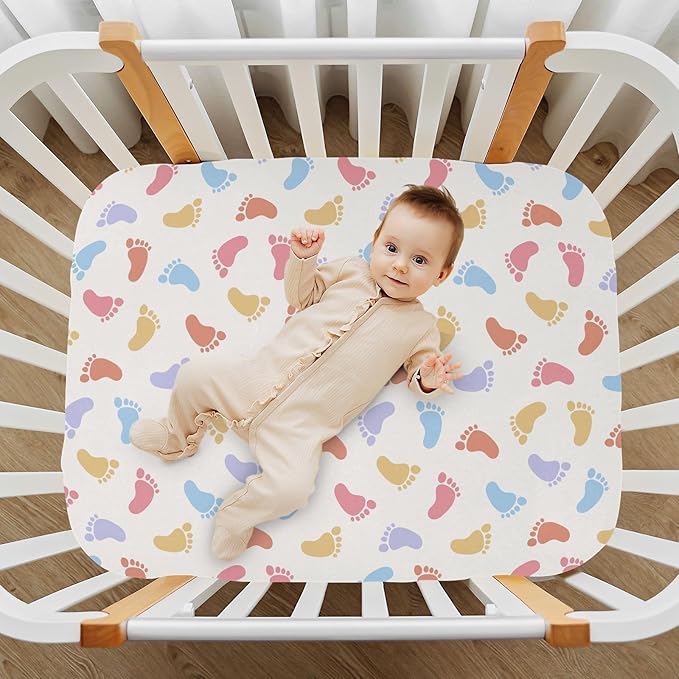 Baby Crib Sheets Colorful Baby Footprints Crib Sheets for Boys Girls,Neutral Bassinet Toddler Bed Play Sheets Breathable Soft and Portable 52 * 28 * 9in