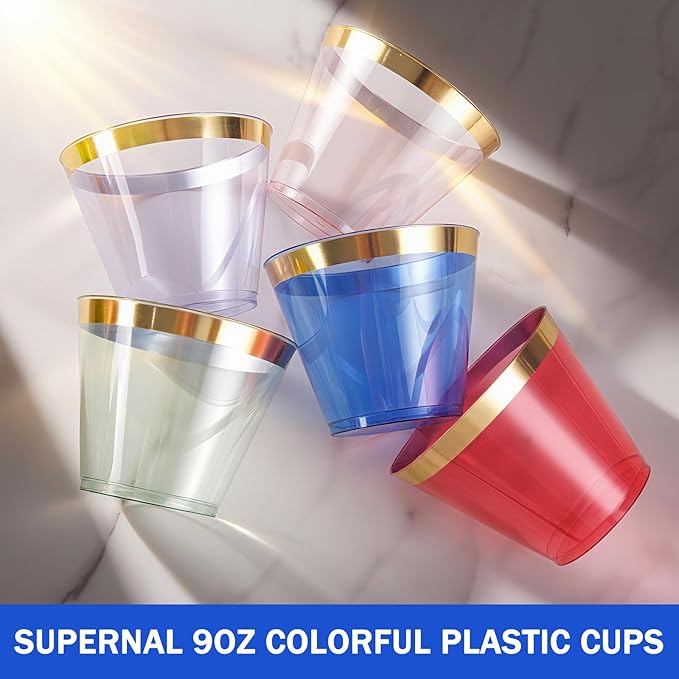 supernal 100 Pcs Blue Plastic Cups, 9oz Blue Disposable Cups with Gold Rim, Plastic Wine Cocktail Glasses Perfect for Party, Wedding and Birthday, Cute Cocktail Party Cup Disposable Wine Glasses
