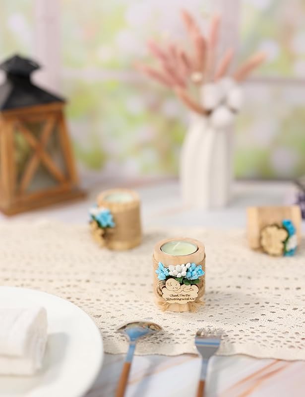 Ju's Favors Wooden Candle Holders (Set of 10), Baby Shower Favors, Boy Christening Favors, Baby Christening Party Favors for Guests.(Light brown-blue)