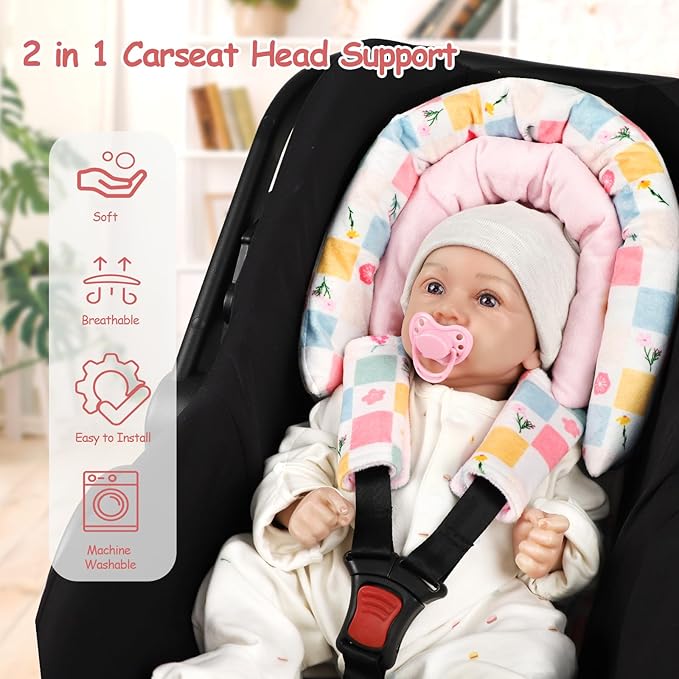 SWESEN Baby Car Seat Head Support, Super Soft 2 in 1 Infant Car Seat Insert for Girls, Reversible Newborn Car Seat Insert Cushion with Strap Covers for Strollers, Bouncers, Swing, Plaid and Floral