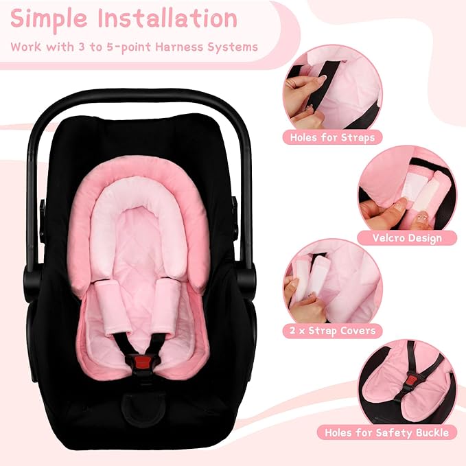 Baby Car Seat Head Body Support & Strap Covers, 2 in 1 Infant Car Seat Insert, Reversible Soft Breathable Newborn Cushion Pads for Preemie, Perfect for Baby Carseats, Strollers, Swings (Pink)