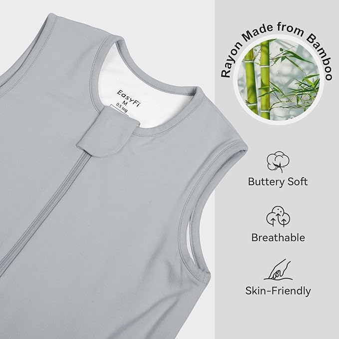 Rayon Made From Bamboo Sleep Sack 24-36 Months 0.5 Tog Ultra Soft Summer Toddler Sleep Sack 2t-3t with Feet 2-Way Zipper Lightweight Baby Sleeping Bag with Legs Thin Baby Wearable Blanket-Gray