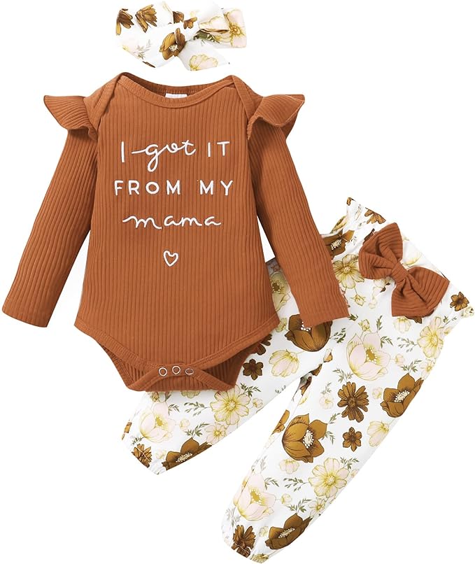 DISAUR Baby Girls Clothes Newborn Infant Baby Girls Outfit Long Sleeve Ruffle Romper Floral Pants Headband Sets 0-18 Months