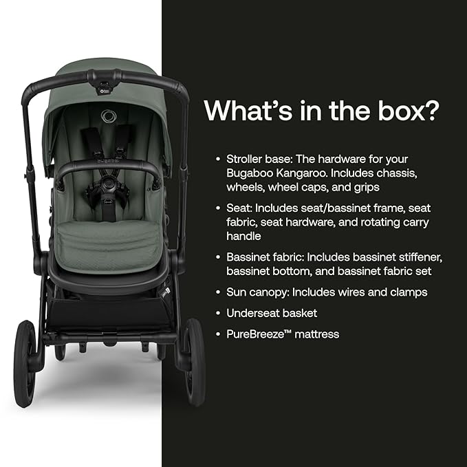 Bugaboo Kangaroo Single to Double Tandem Stroller with Seat and Bassinet for All Terrains, Black/Forest Green