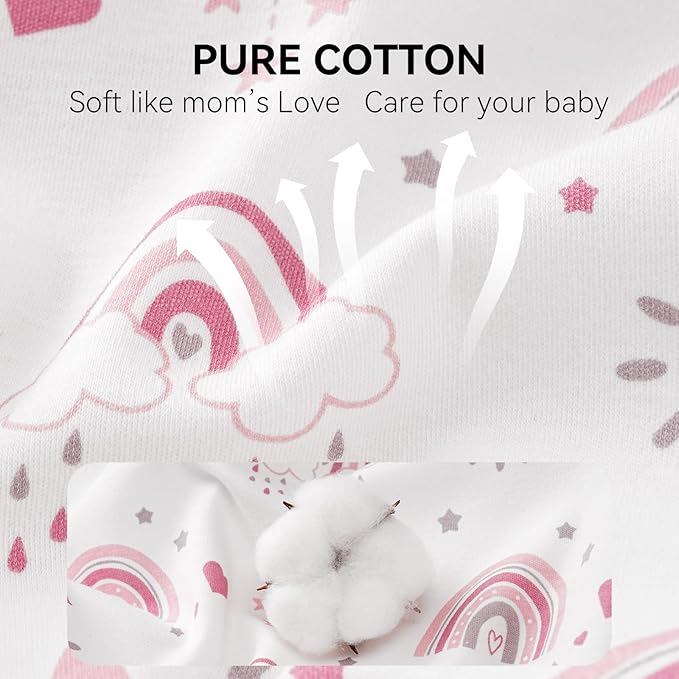 Baby Sleep Sack 18-24 Months, Long Sleeve Baby Wearable Blanket 0.5 Tog with Mittens, 2-Way Zipper Toddler Cotton Sleeping Sack for Boy and Girl Pink Rainbow 2 Pack(XLarge)
