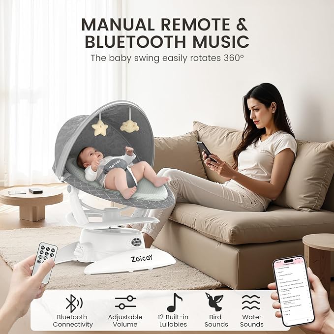 3-in-1 Baby Swing for Infants with Motion Detection, Electric Baby Swing with 3 Swing Modes, 12 Lullabies & 5-Speeds & Removable Swing Seat, BT Enabled & 360Β°Rotating Seat and Manual Remote, Gray