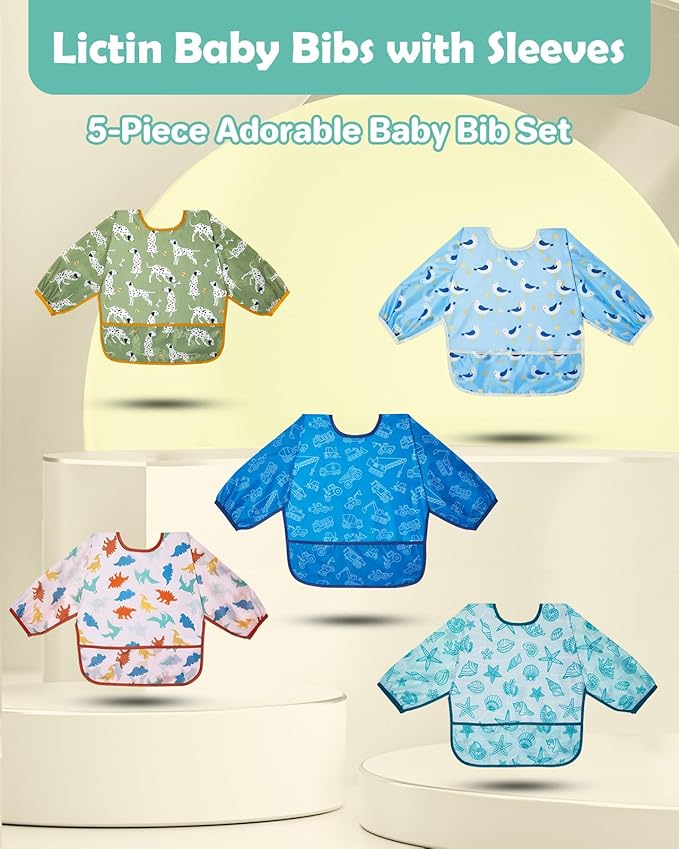 Lictin Long Sleeve Bibs 5 Pack - Baby Bibs, Waterproof Toddler Bibs, Baby Smock for Eating, Baby Bibs for Feeding Teething