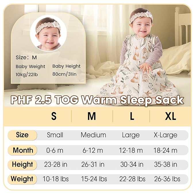 PHF 100% Cotton Baby Sleep Sack 6-12 Months, 2.5 TOG Winter Baby Wearable Blanket with 2-Way Zipper, Warm Comfy Quilted Sleeping Bags, Infant Sleeping Sack for Newborn Boys, Medium Size, Woodland
