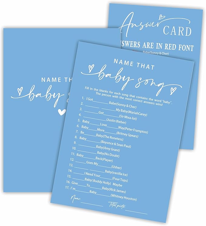 Name That Baby Song Baby Shower Game Cards - Minimalism Blue - 30 Double-Sided Fill In Style Game Cards With Answer Card, Gender Reveal, Baby Announcement, Party Games & Activity - C15