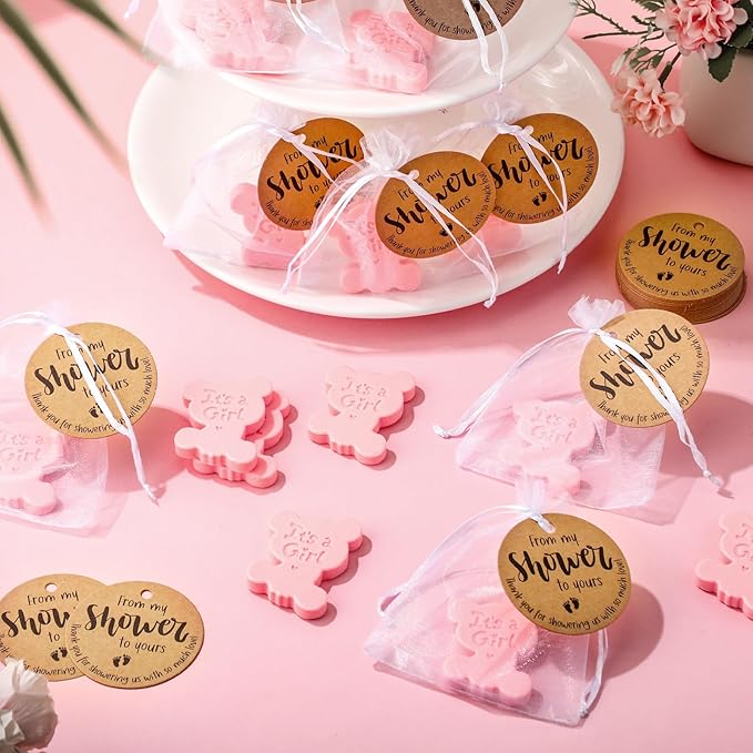50 Sets Baby Shower Soap Favors for Guests Boy Girl Mini Handmade Scented Soaps with Thank You Tags and Organza Bags for Shower Gender Reveal Party Favors(It's A Girl,Pink Bear)