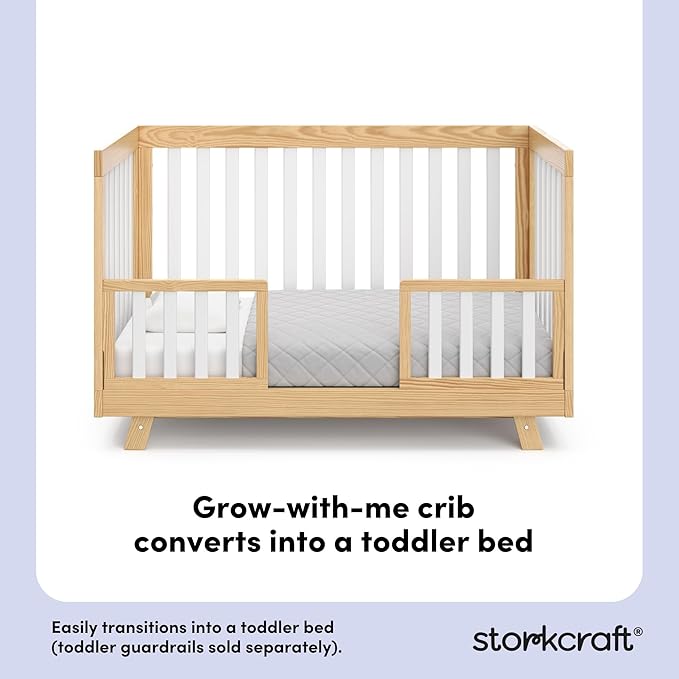 Storkcraft Beckett Convertible Crib (Natural with White Slats) – Converts from Baby Crib to Toddler Bed and Daybed, Fits Standard Full-Size Crib Mattress, Adjustable Mattress Support Base