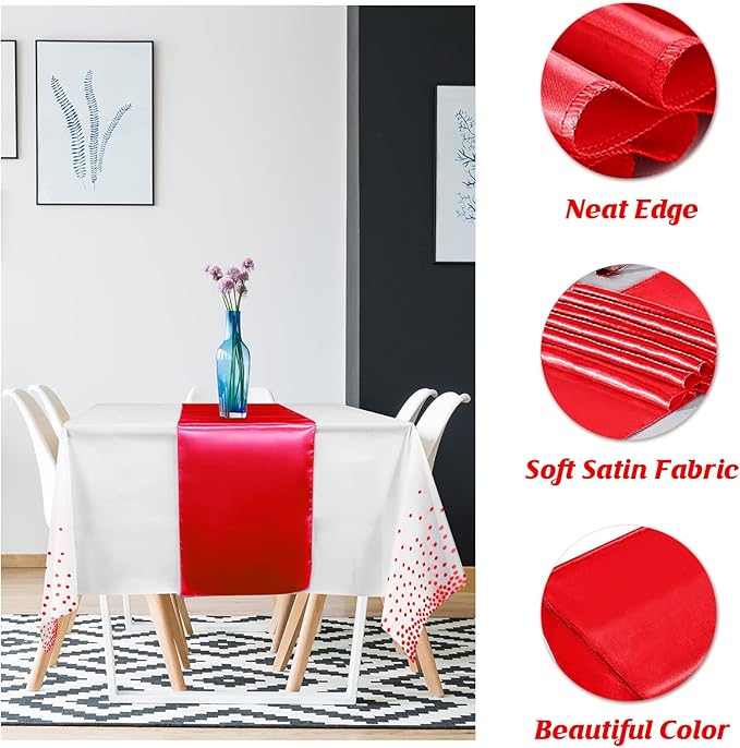 8Pack Disposable Plastic Tablecloths and Satin Table Runner Set White and Red Dot Tablecloth Red Satin Table Runner for Wedding Birthday Baby Shower Anniversary Christmas New Year Party Supplies