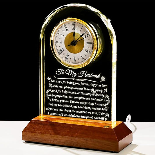 Glass Clock Gifts for Husband from Wife with Wooden Light Base, Personalized Gift for Husband Who Has Everything on Birthday Anniversary, Presents for Him on Christmas Home Desk Clock