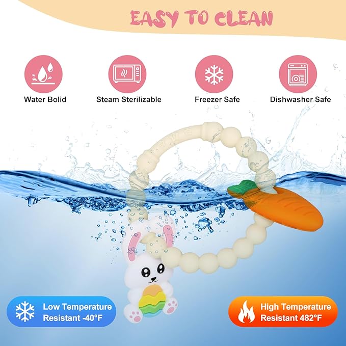Easter Baby Teething Ring Toys – Bunny Easter Egg & Carrot Teethers for Newborns, Infants & Toddlers – Sensory Chew Bracelet for Teething Relief – Perfect Baby’s First Easter Basket Stuffers