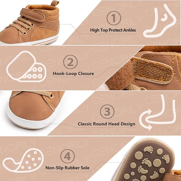CENCIRILY Baby Boys Girls High Top Sneakers Soft Soles Anti Skid Infant Ankle Shoes Toddler Prewalker First Walking Crib Shoes