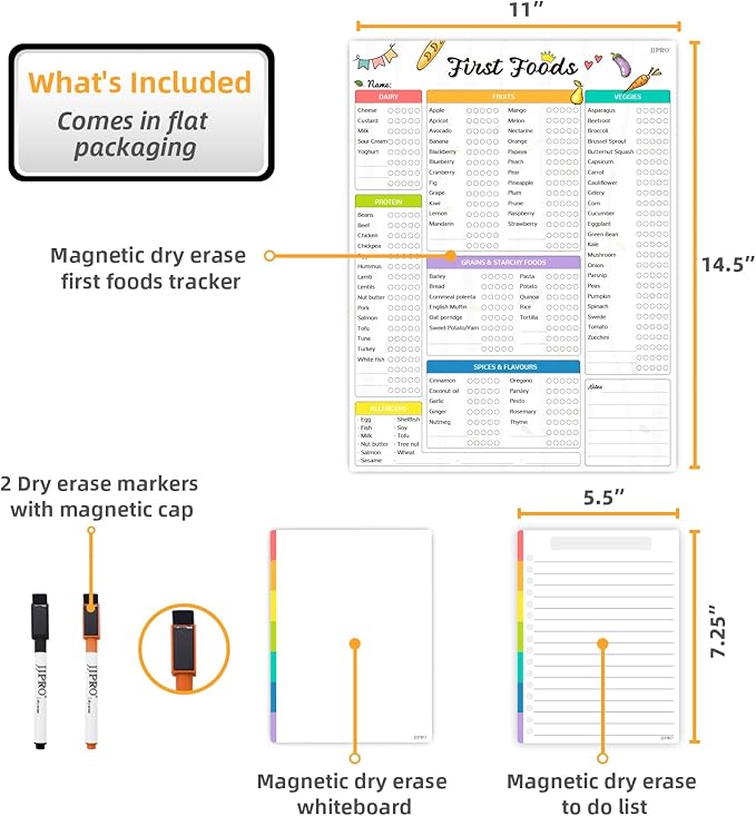 Newborn Baby or Toddler First Foods Tracker Whiteboard-Magnetic Dry Erase Daily Food Log-Reusable Daily Planner Chart to Log Feeding Food/Food Checklist/to-Do List - for New Parents,Nanny, Babysitter