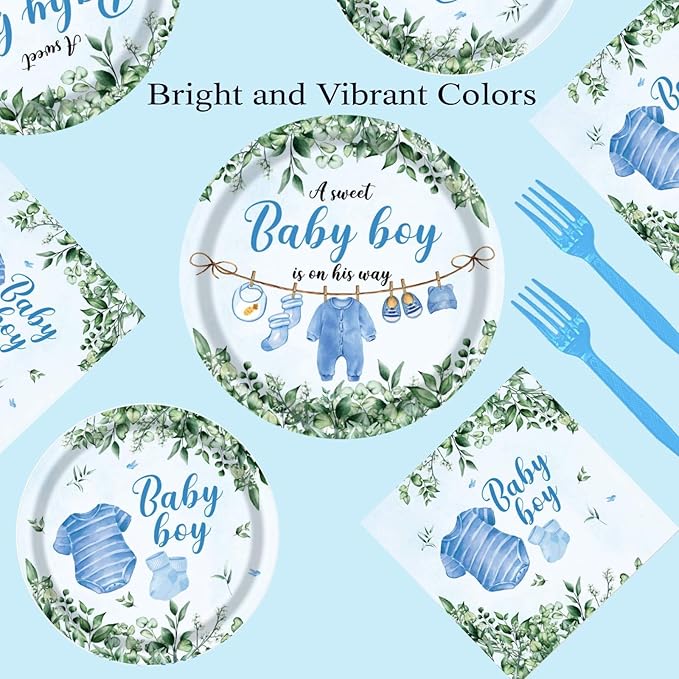 Baby Shower Decorations, Boy Baby Shower Decorations Include Plates Napkins Cups Banner Tablecloth and Forks, Serve 20